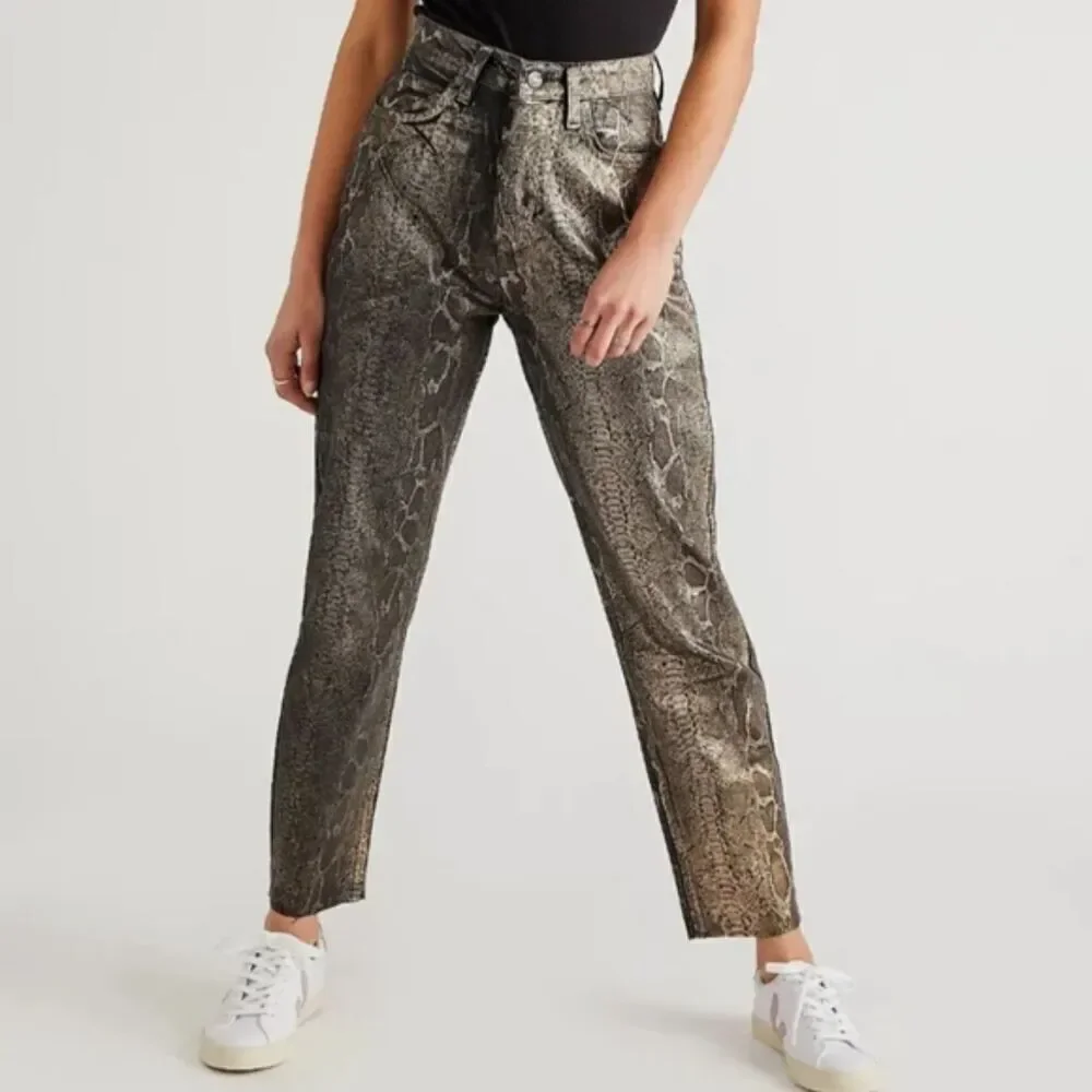 Free People Crvy Georgina Pants Women Size 25 Gold Foil Straight Leg Snake Club